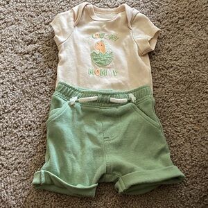 Baby Outfit with Green Shorts and Cream Onesie